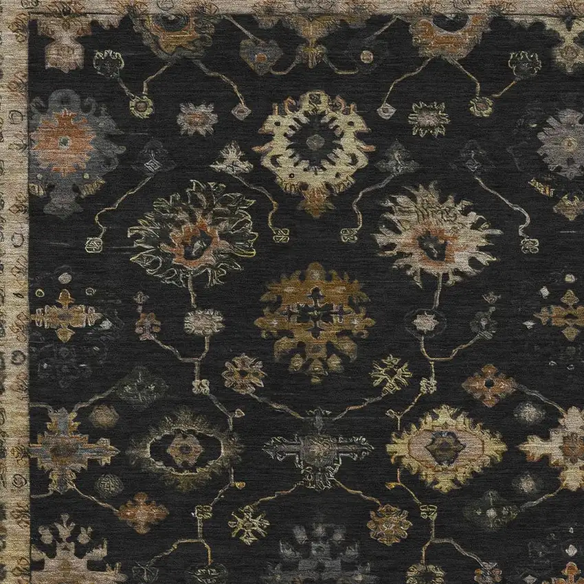 Black And Gold Floral Washable Indoor Outdoor Area Rug Photo 4