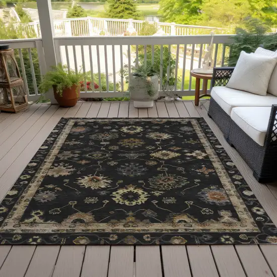 Black And Gold Floral Washable Indoor Outdoor Area Rug Photo 8