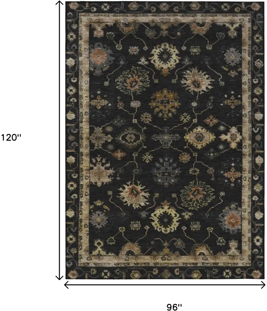 Black And Gold Floral Washable Indoor Outdoor Area Rug Photo 9