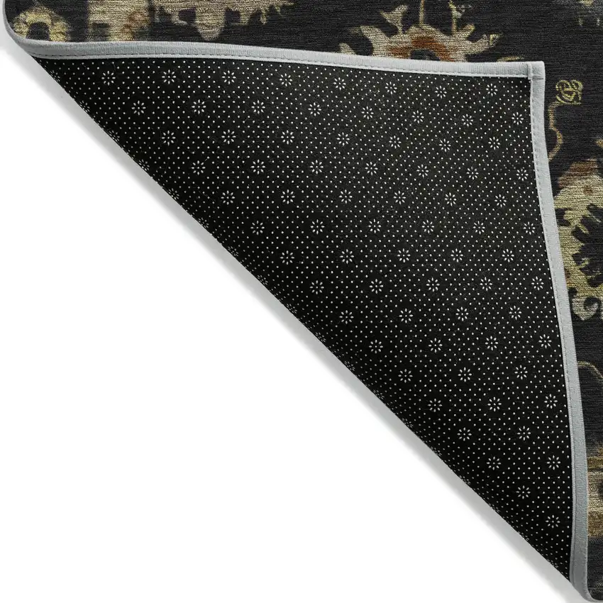 Black And Gold Floral Washable Indoor Outdoor Area Rug Photo 6