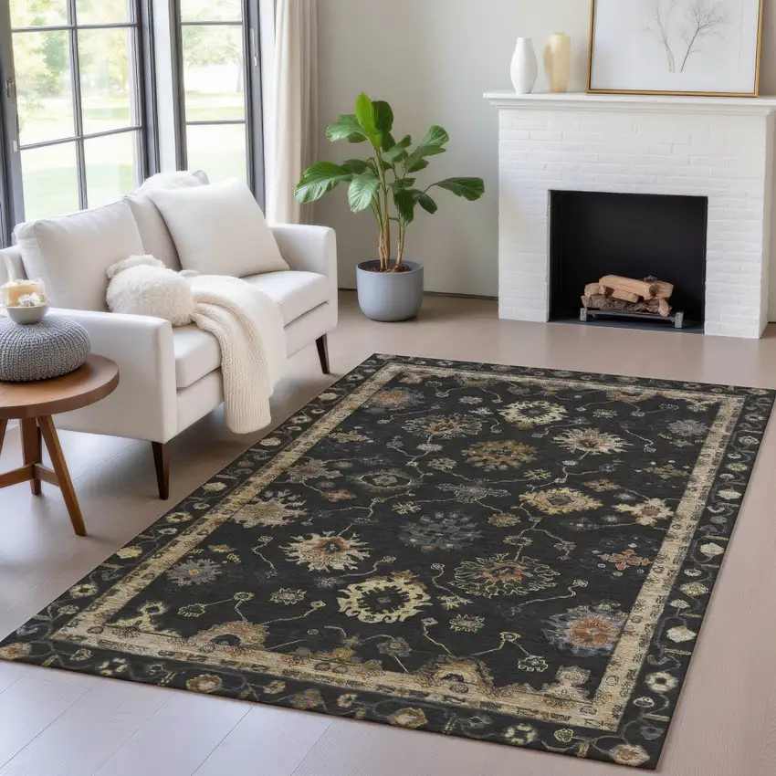 Black And Gold Floral Washable Indoor Outdoor Area Rug Photo 6