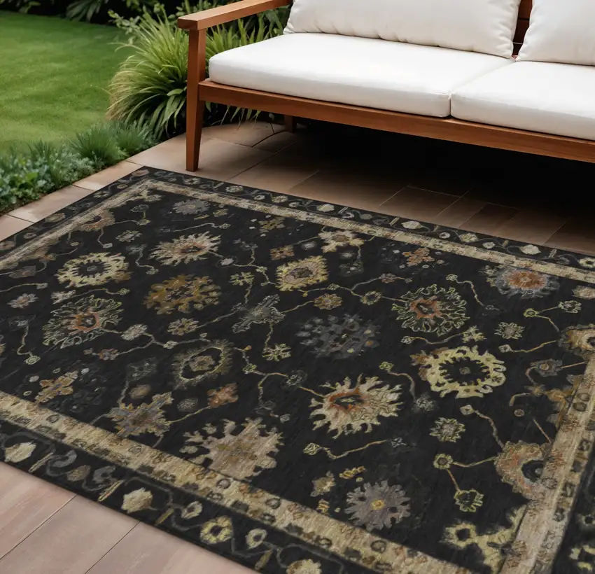 Black And Gold Floral Washable Indoor Outdoor Area Rug Photo 2