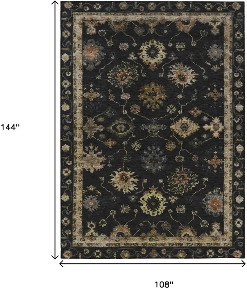 Black And Gold Floral Washable Indoor Outdoor Area Rug Photo 9