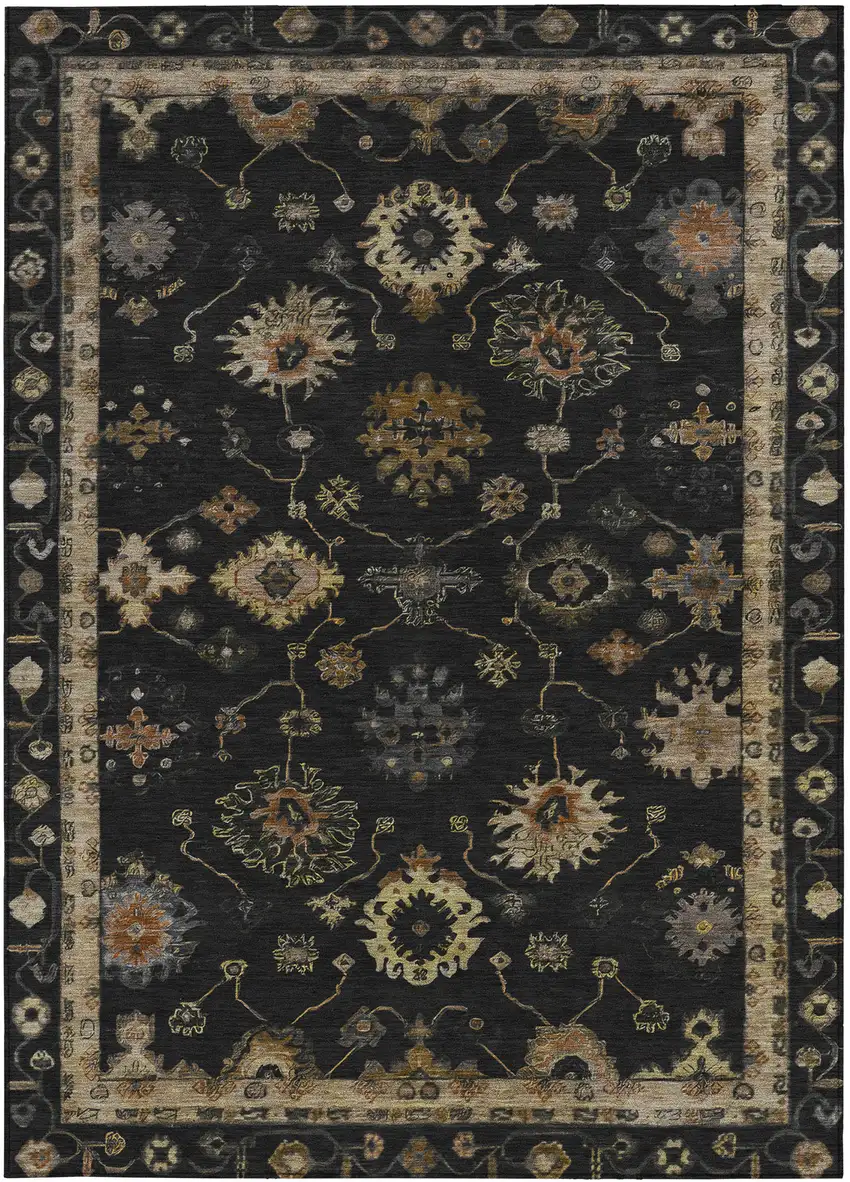 Black And Gold Floral Washable Indoor Outdoor Area Rug Photo 3