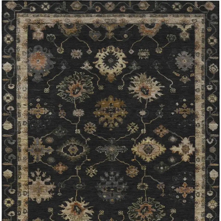 Black And Gold Floral Washable Indoor Outdoor Area Rug Photo 4