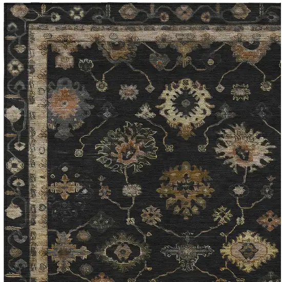 Black And Gold Floral Washable Indoor Outdoor Area Rug Photo 3