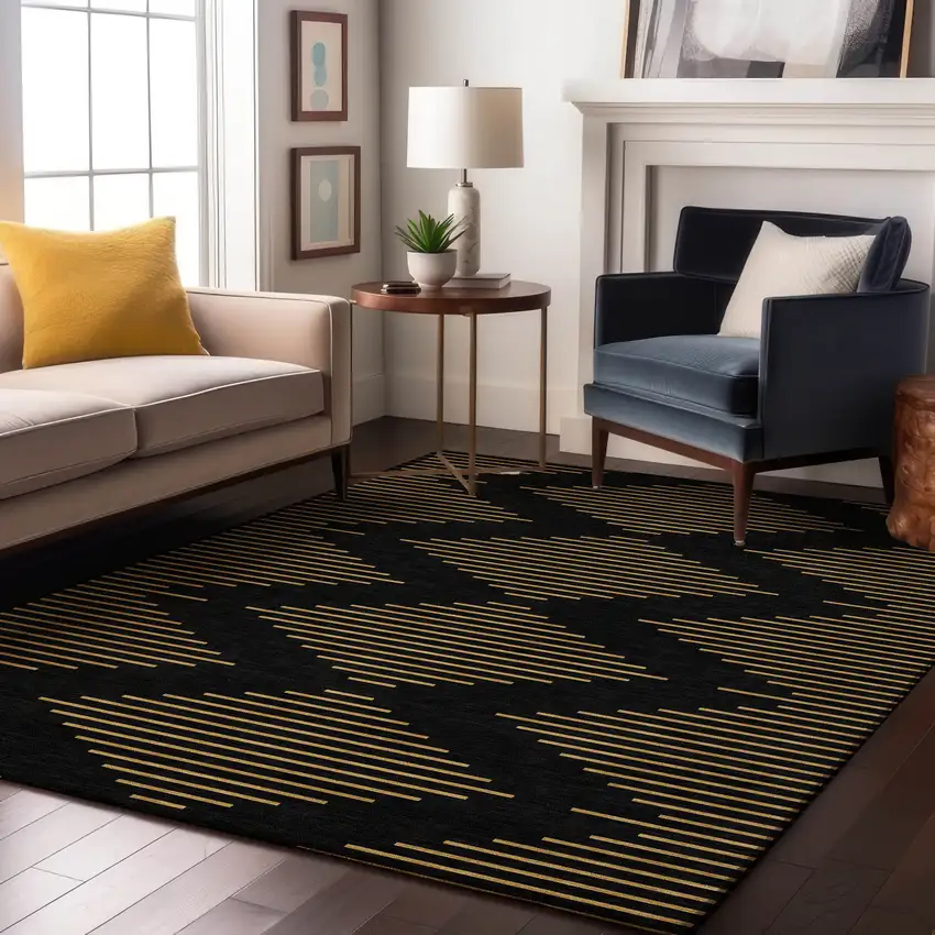 Black And Gold Geometric Washable Area Rug With UV Protection Photo 4