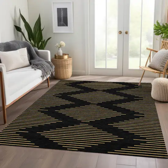 Black And Gold Geometric Washable Area Rug With UV Protection Photo 5