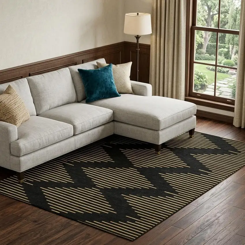 Black And Gold Geometric Washable Area Rug With UV Protection Photo 1