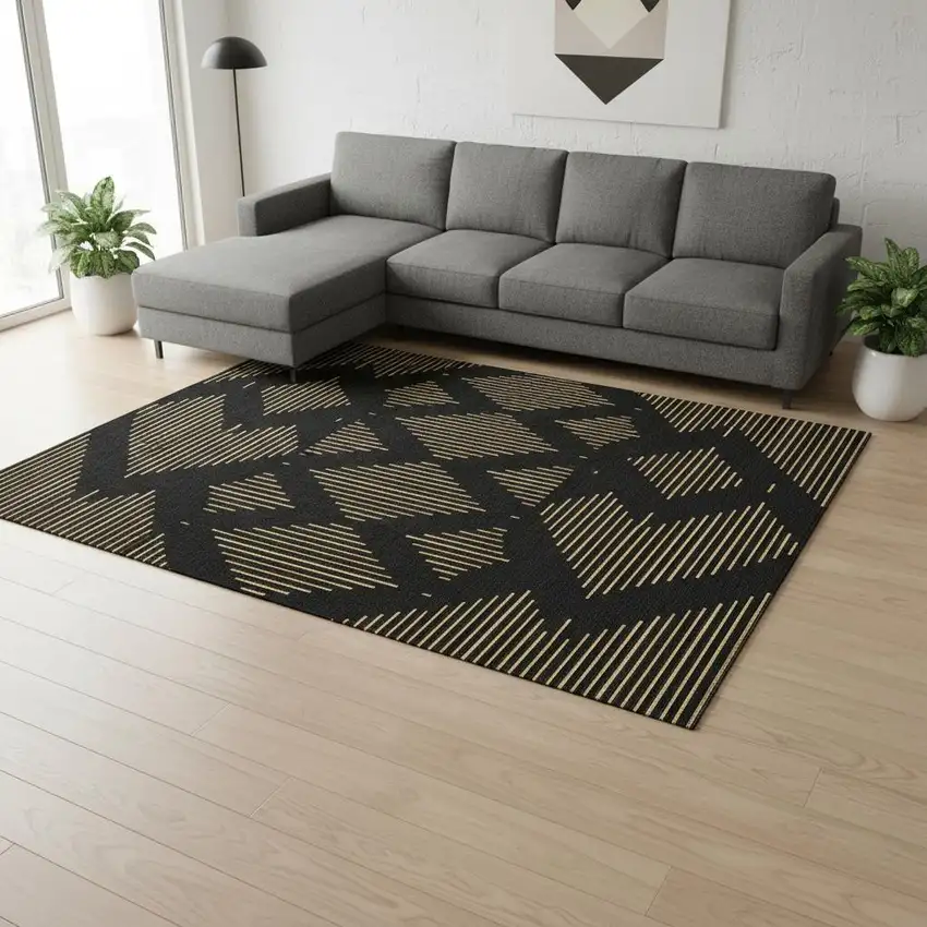Black And Gold Geometric Washable Area Rug With UV Protection Photo 2