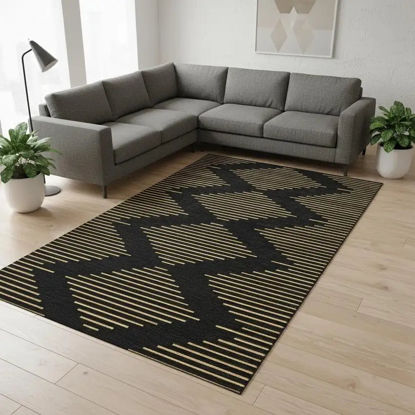 Black And Gold Geometric Washable Area Rug With UV Protection Photo 2