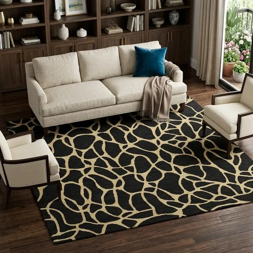 Black And Gold Geometric Washable Area Rug With UV Protection Photo 1