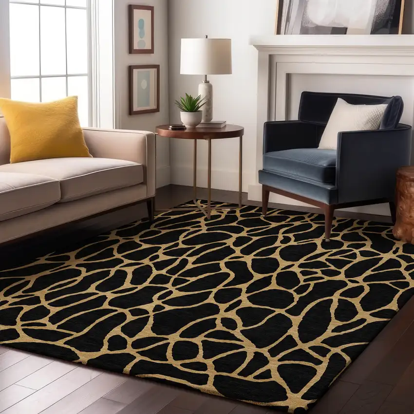 Black And Gold Geometric Washable Area Rug With UV Protection Photo 4