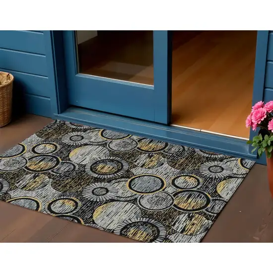 Black And Gold Geometric Washable Indoor Outdoor Area Rug Photo 2
