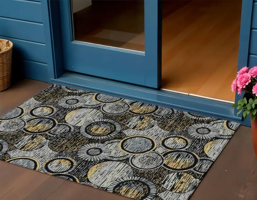 Black And Gold Geometric Washable Indoor Outdoor Area Rug Photo 2