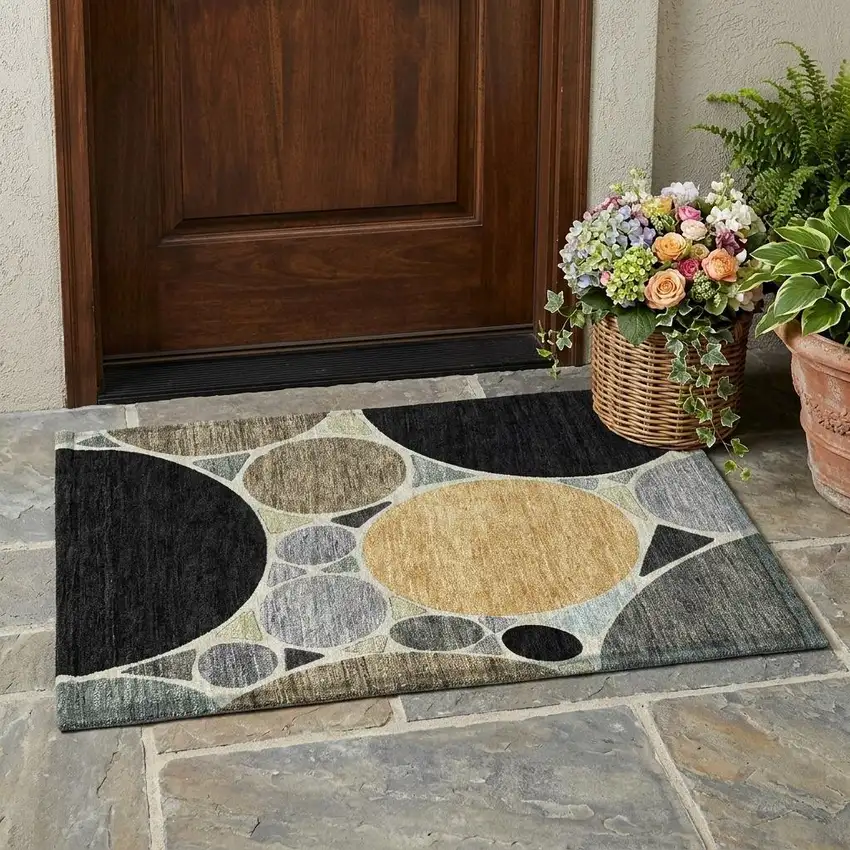 Black And Gold Geometric Washable Indoor Outdoor Area Rug Photo 1