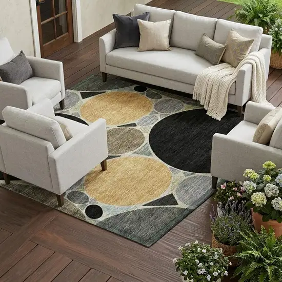 Black And Gold Geometric Washable Indoor Outdoor Area Rug Photo 1