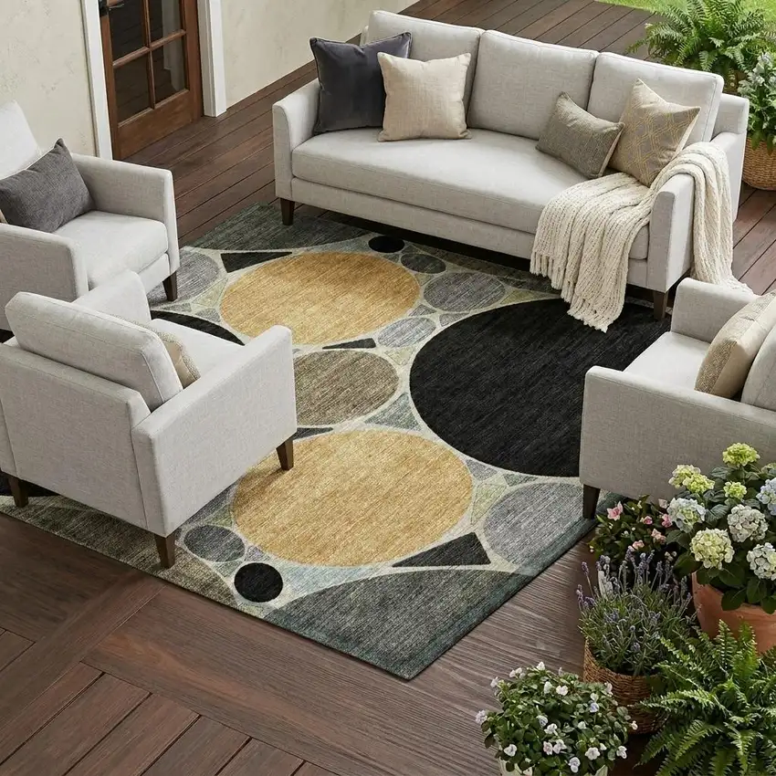 Black And Gold Geometric Washable Indoor Outdoor Area Rug Photo 1