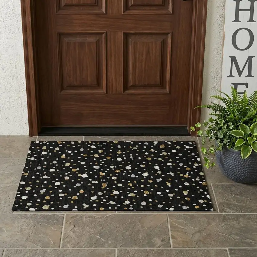 Black And Gold Geometric Washable Indoor Outdoor Area Rug Photo 1