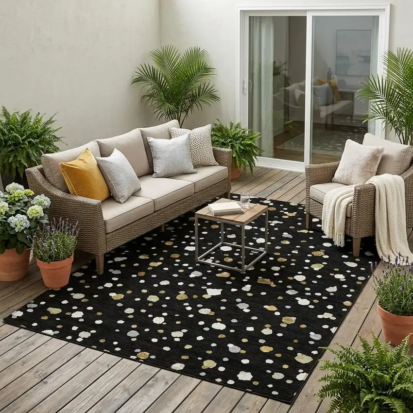 Black And Gold Geometric Washable Indoor Outdoor Area Rug Photo 1