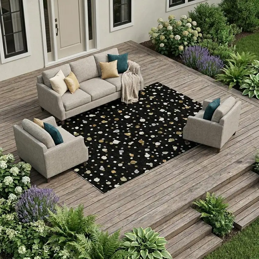 Black And Gold Geometric Washable Indoor Outdoor Area Rug Photo 1