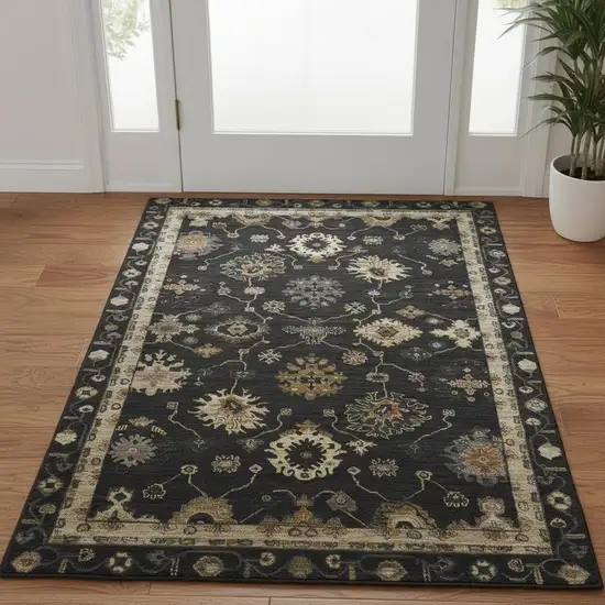 Black And Gold Oriental Washable Area Rug With UV Protection Photo 2