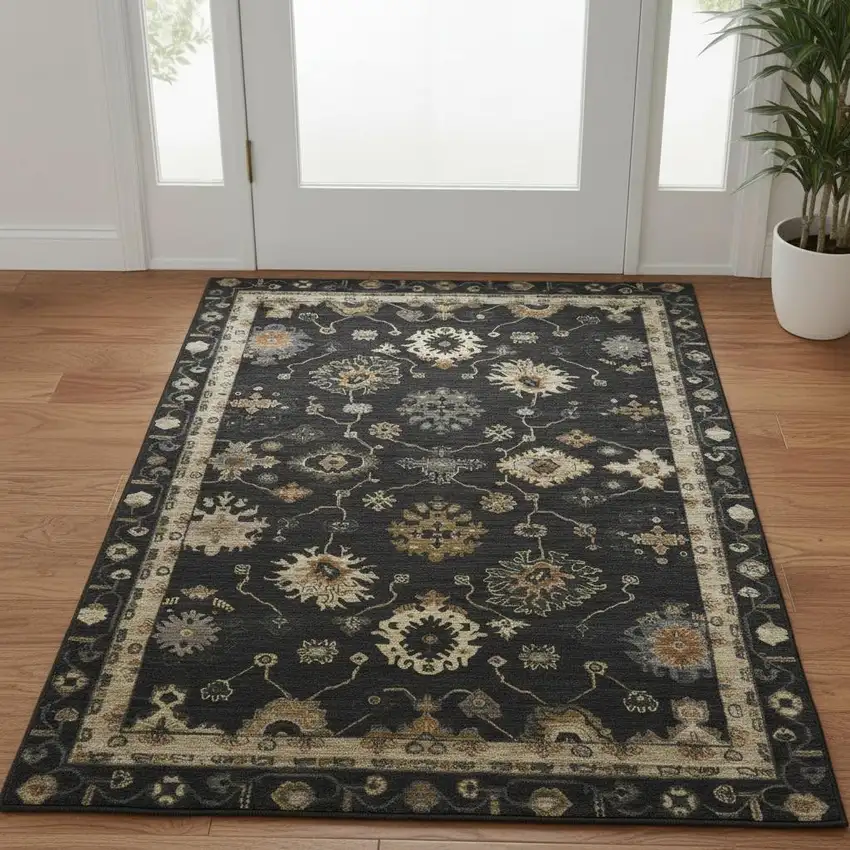 Black And Gold Oriental Washable Area Rug With UV Protection Photo 2