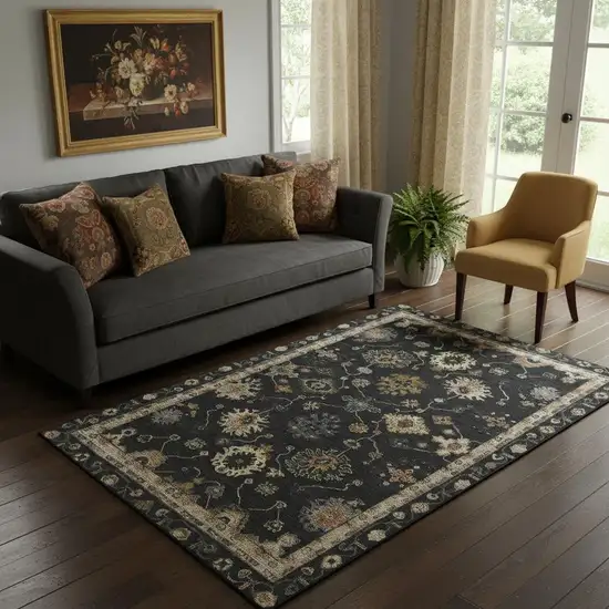 Black And Gold Oriental Washable Area Rug With UV Protection Photo 2
