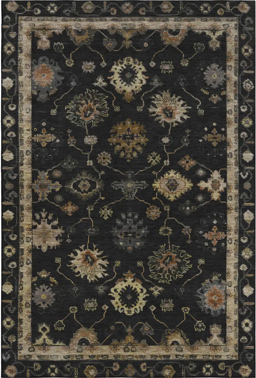 Black And Gold Oriental Washable Area Rug With UV Protection Photo 1