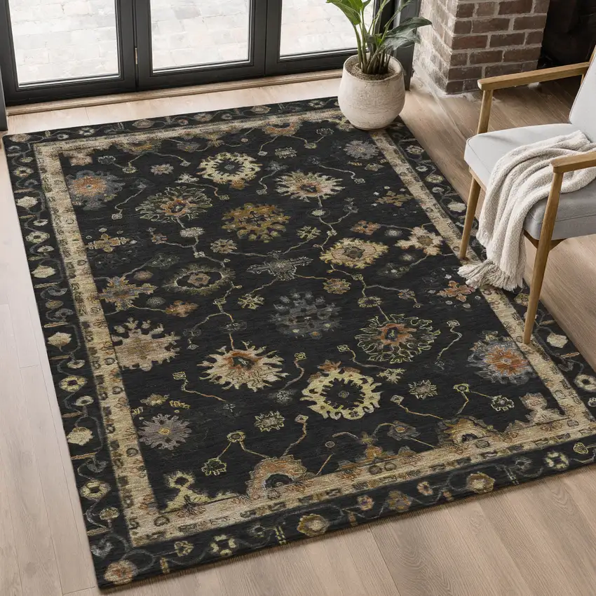 Black And Gold Oriental Washable Area Rug With UV Protection Photo 5
