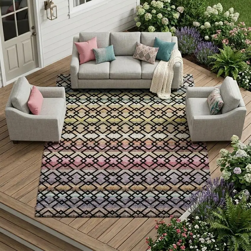 Black And Gold Striped Washable Indoor Outdoor Area Rug Photo 1