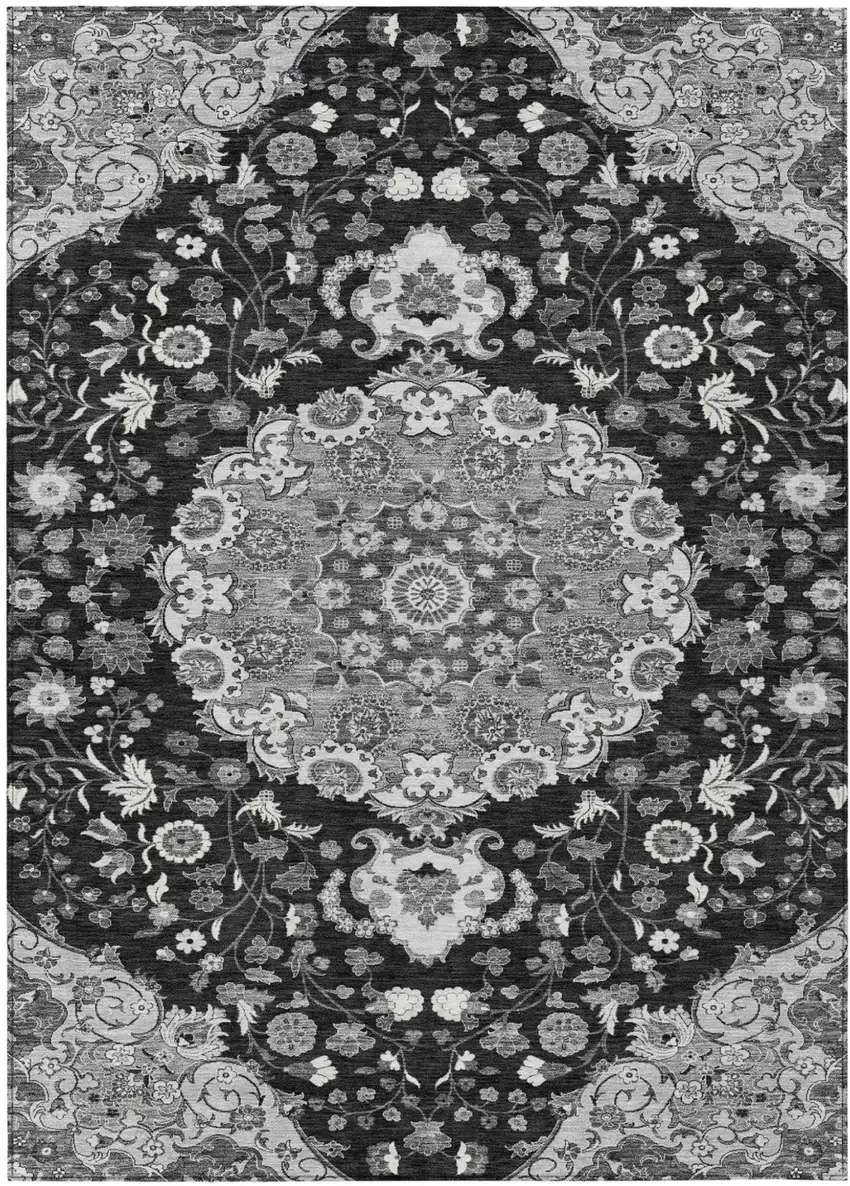 Black And Granite Gray Damask Washable Indoor Outdoor Area Rug Photo 1