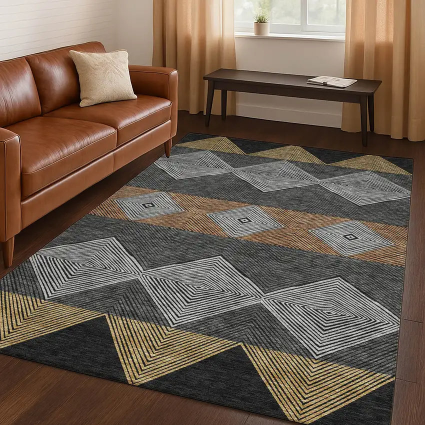 Black And Granite Gray Geometric Washable Indoor Outdoor Area Rug Photo 4