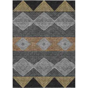 Photo of Black And Granite Gray Geometric Washable Indoor Outdoor Area Rug