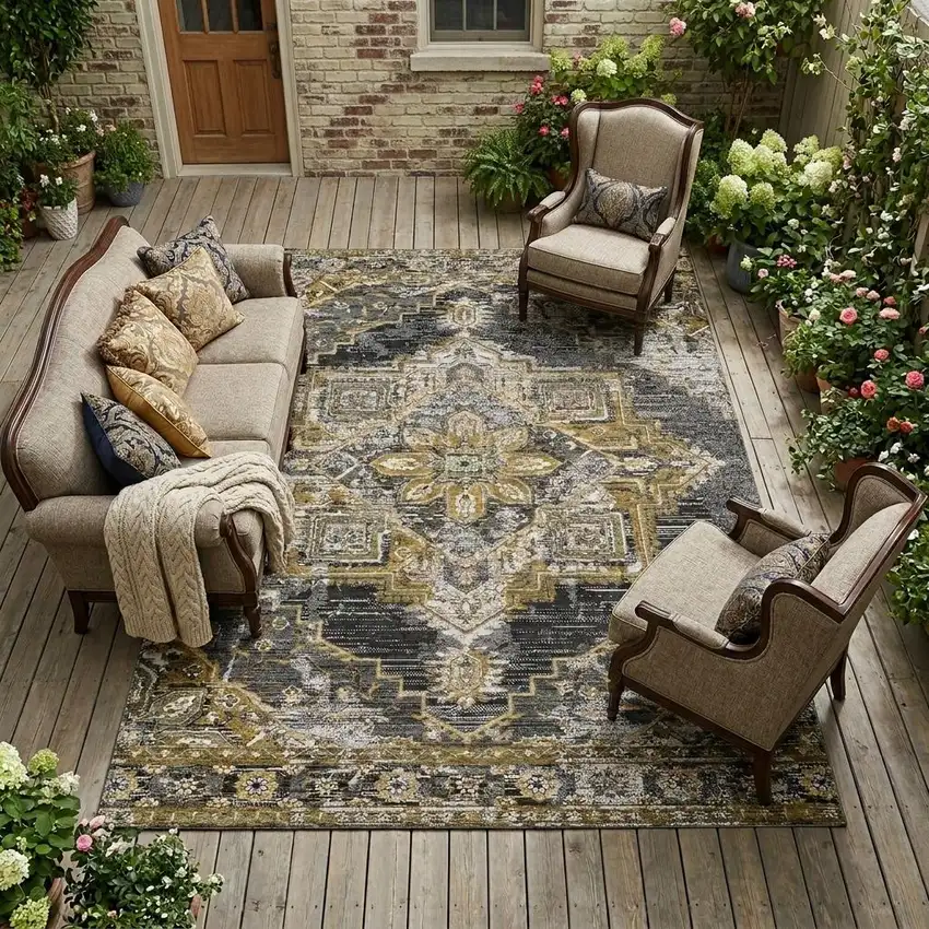 Black And Granite Gray Oriental Washable Indoor Outdoor Area Rug Photo 1