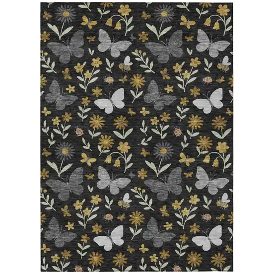 Black And Graphite Abstract Washable Indoor Outdoor Area Rug Photo 1
