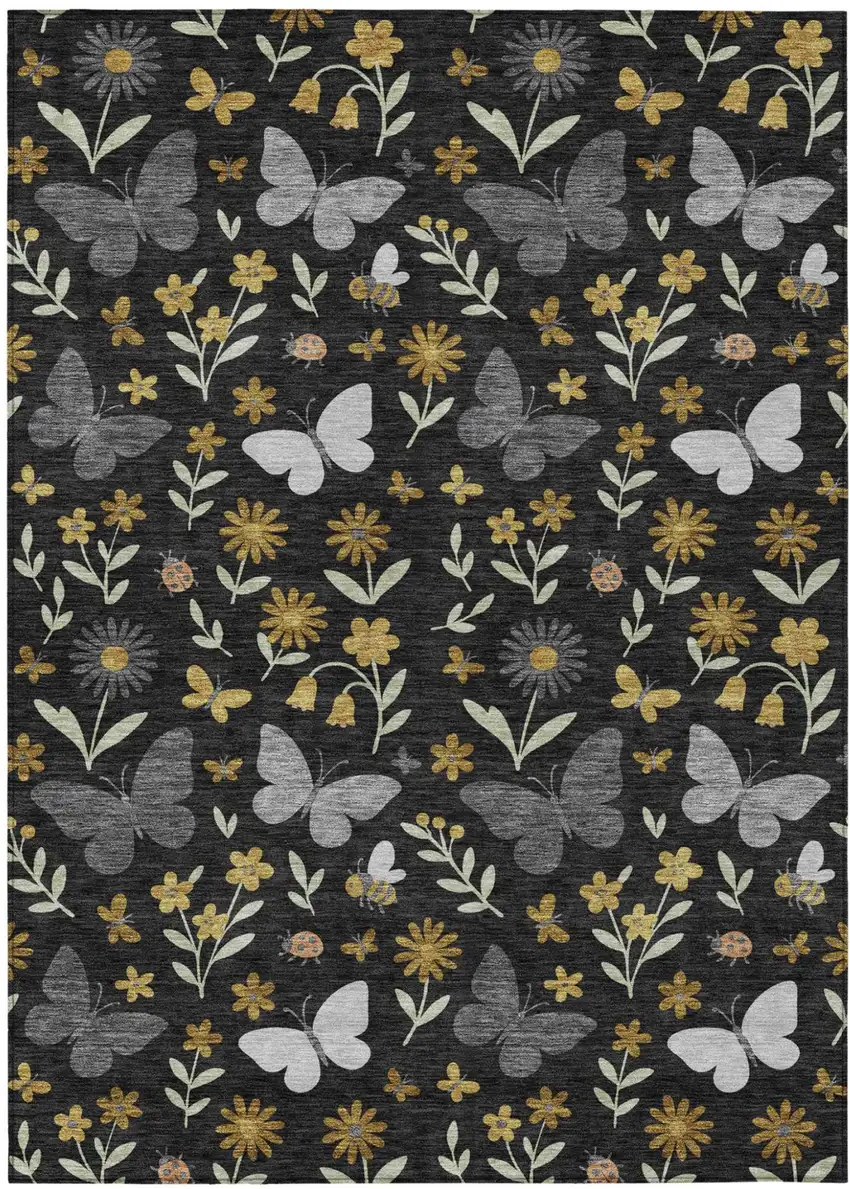 Black And Graphite Abstract Washable Indoor Outdoor Area Rug Photo 1