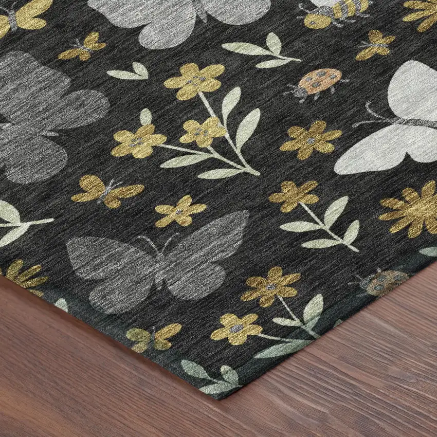 Black And Graphite Abstract Washable Indoor Outdoor Area Rug Photo 4