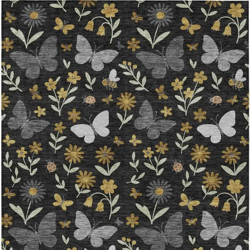Black And Graphite Abstract Washable Indoor Outdoor Area Rug Photo 3
