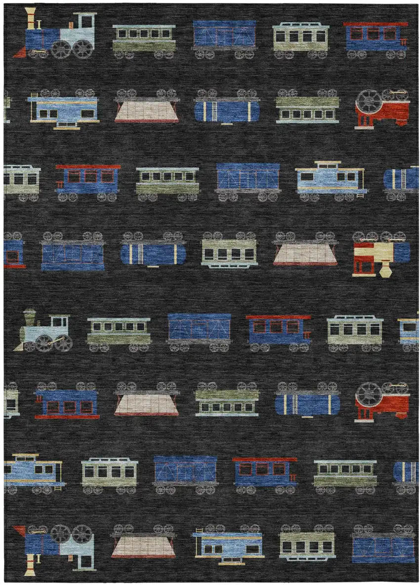 Black And Graphite Abstract Washable Indoor Outdoor Area Rug Photo 1