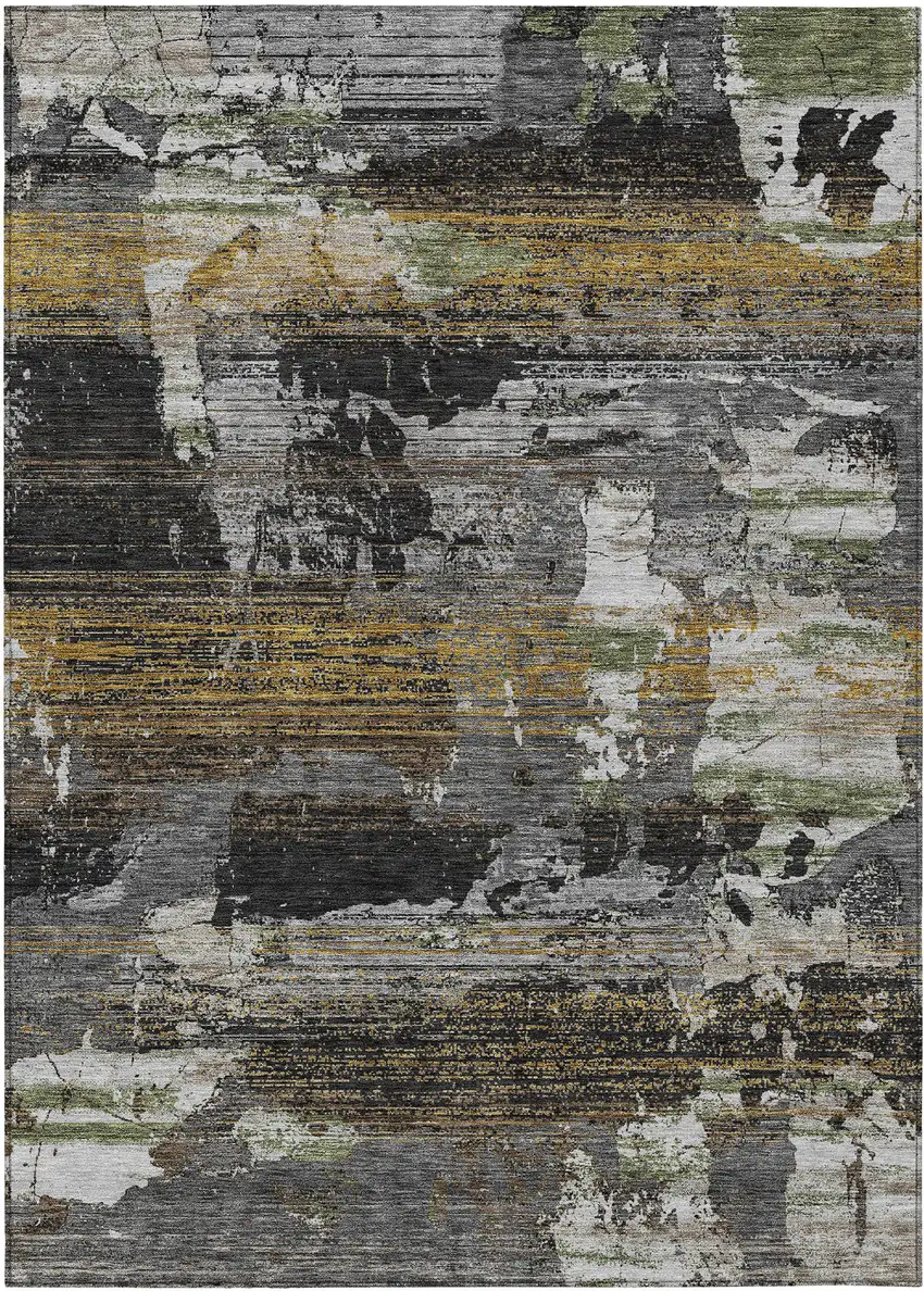 Black And Graphite Abstract Washable Indoor Outdoor Area Rug Photo 1
