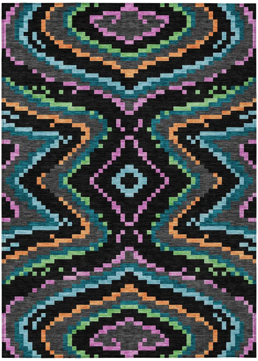 Black And Graphite Abstract Washable Indoor Outdoor Area Rug Photo 2