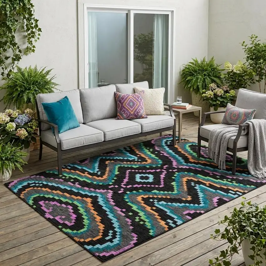 Black And Graphite Abstract Washable Indoor Outdoor Area Rug Photo 1