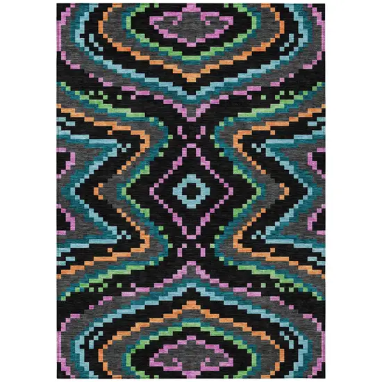 Black And Graphite Abstract Washable Indoor Outdoor Area Rug Photo 2