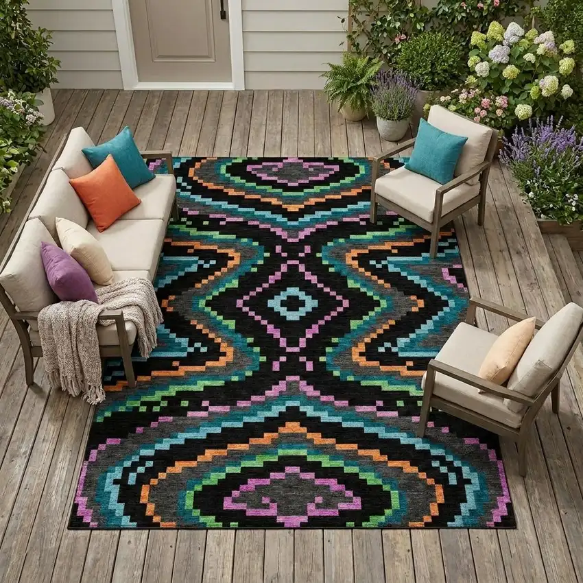 Black And Graphite Abstract Washable Indoor Outdoor Area Rug Photo 1