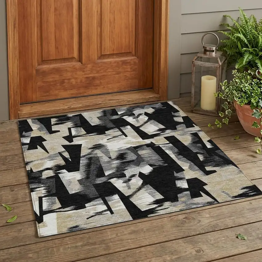 Black And Graphite Abstract Washable Indoor Outdoor Area Rug Photo 1