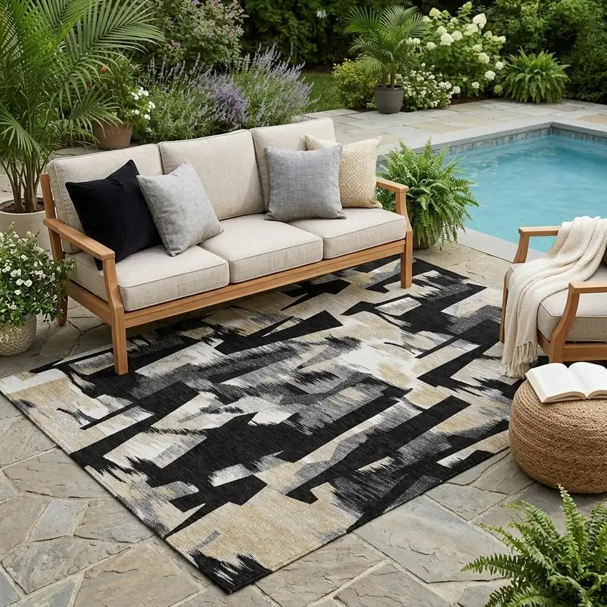 Black And Graphite Abstract Washable Indoor Outdoor Area Rug Photo 1