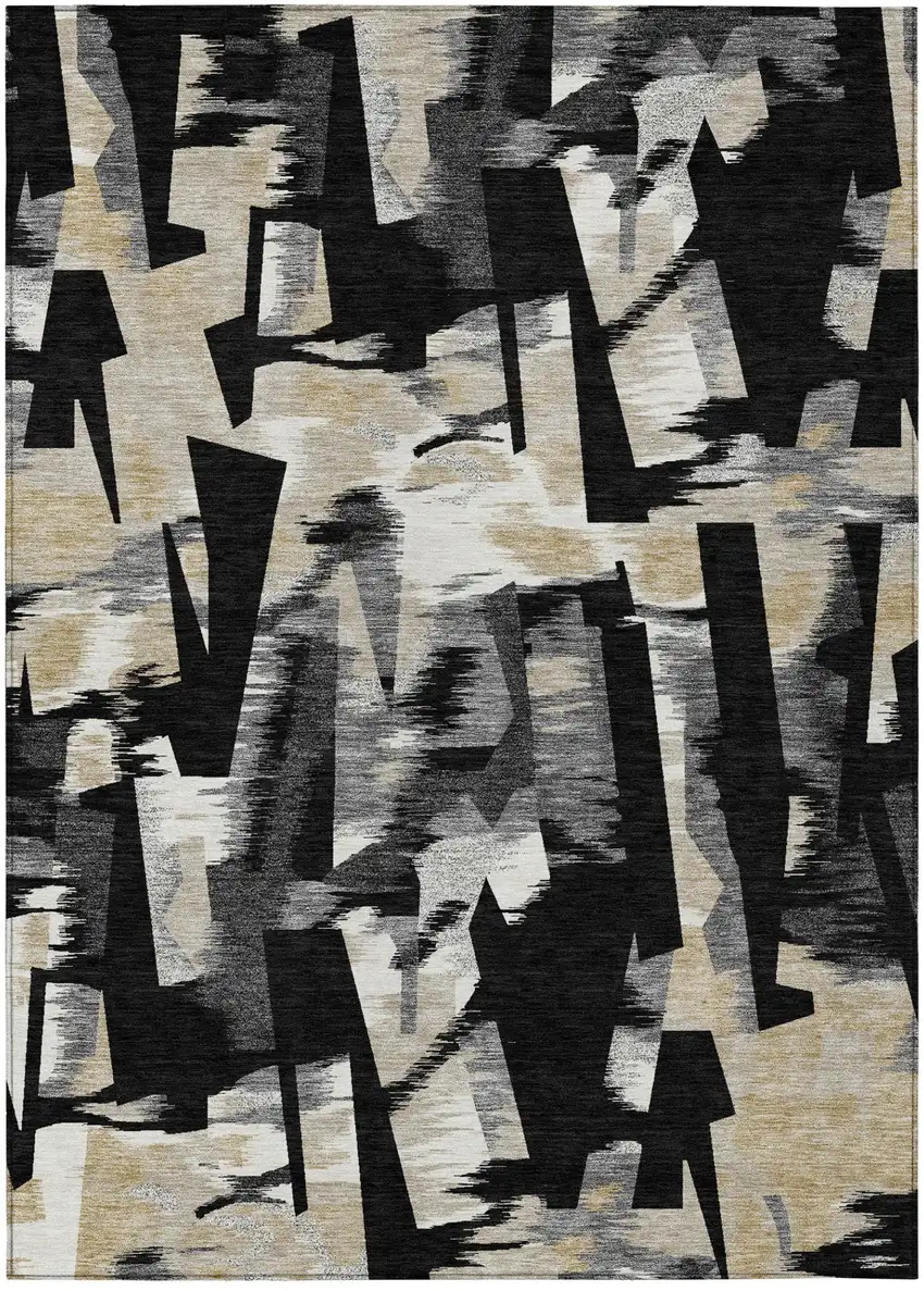 Black And Graphite Abstract Washable Indoor Outdoor Area Rug Photo 2