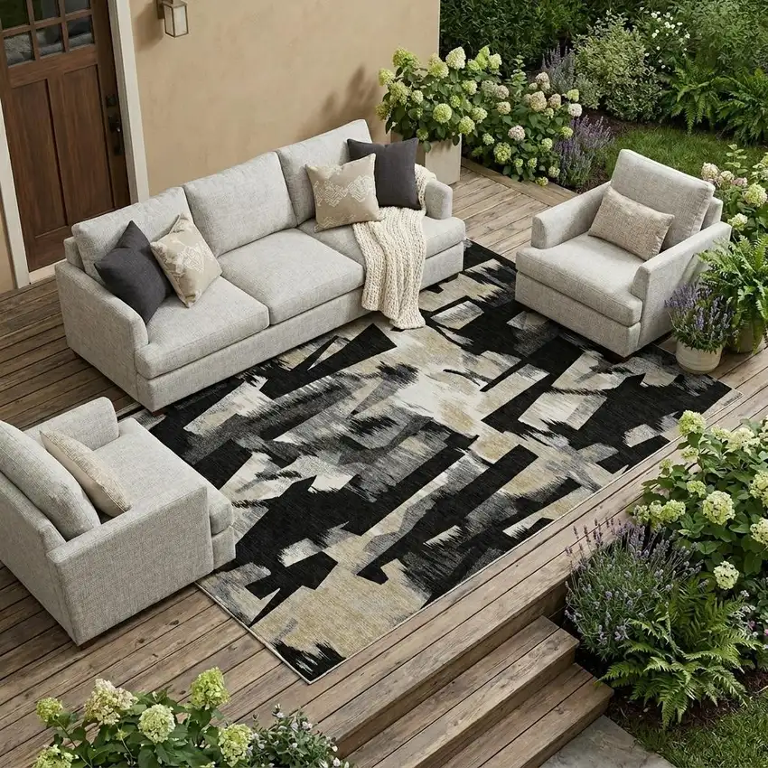 Black And Graphite Abstract Washable Indoor Outdoor Area Rug Photo 1