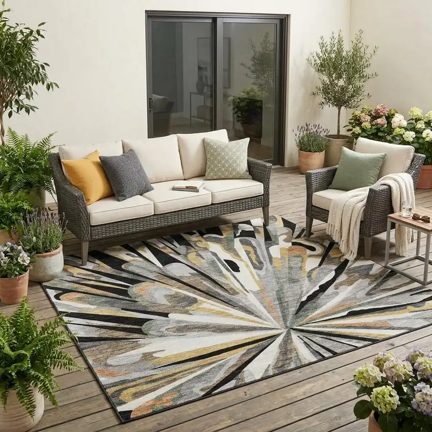 Black And Graphite Abstract Washable Indoor Outdoor Area Rug Photo 1